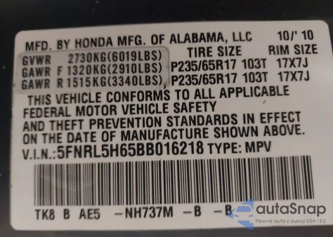 2011 Honda Odyssey Ex-L from USA, damaged, VIN 5FNRL5H65BB016218